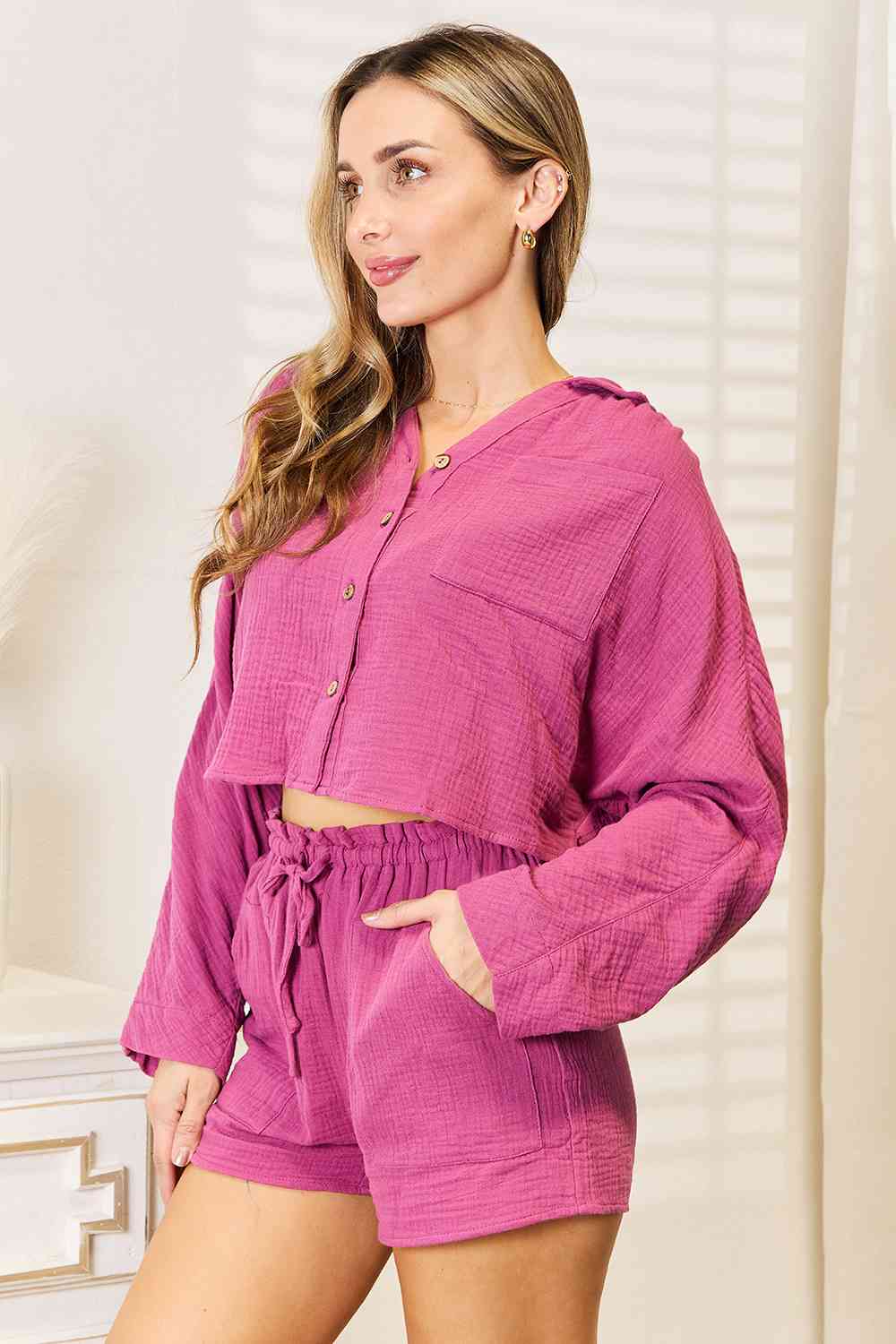 Buttoned Long Sleeve Top and Shorts Set - Tops - Outfit Sets - 3 - 2024