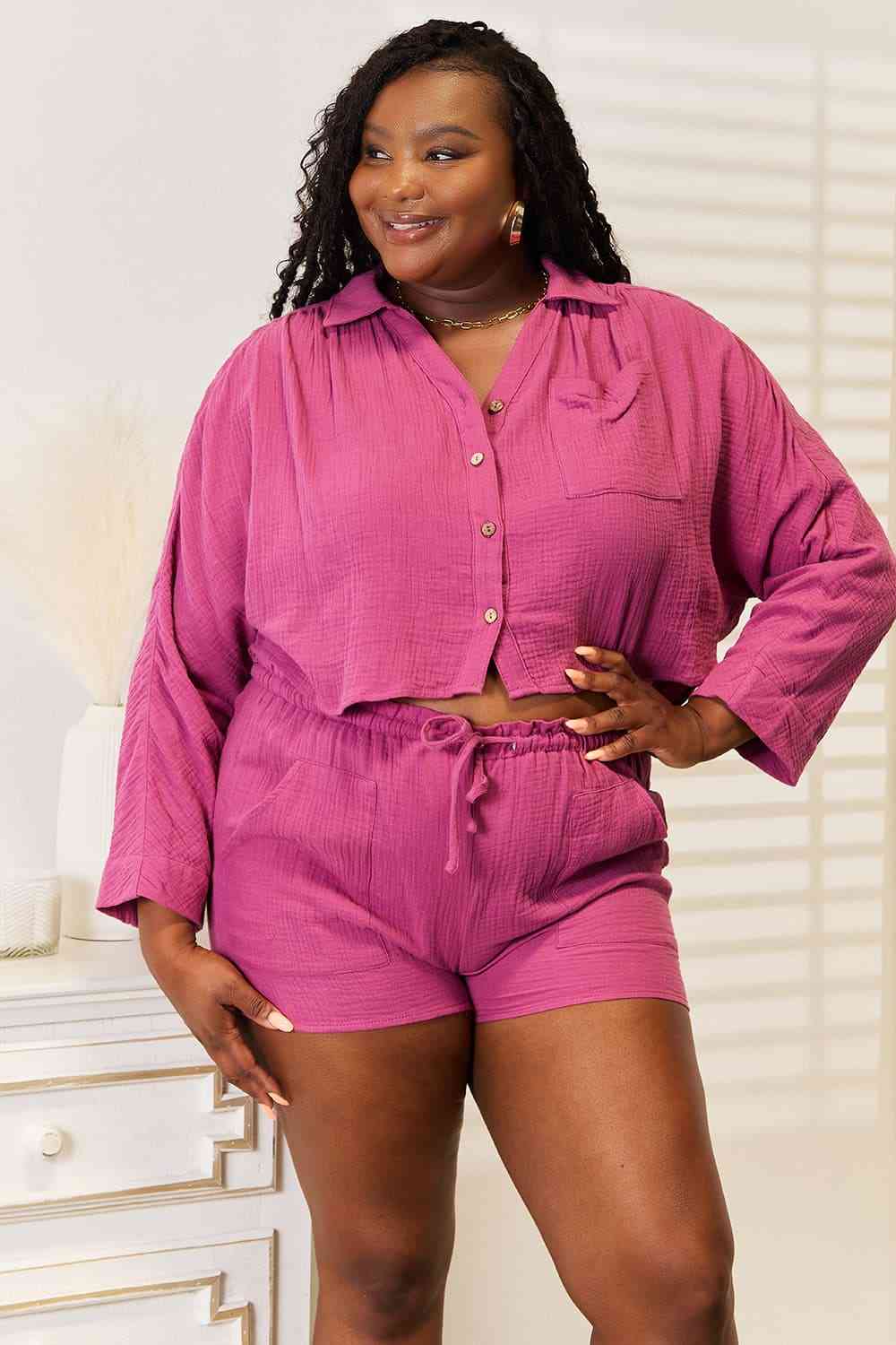 Buttoned Long Sleeve Top and Shorts Set - Tops - Outfit Sets - 5 - 2024