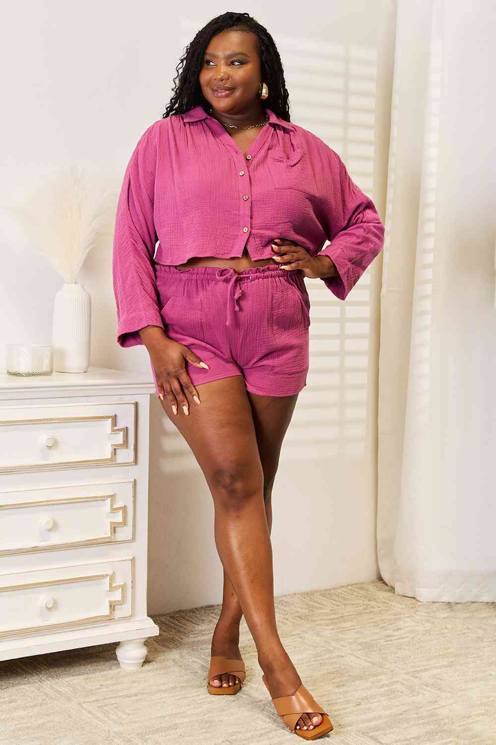 Buttoned Long Sleeve Top and Shorts Set - Tops - Outfit Sets - 8 - 2024