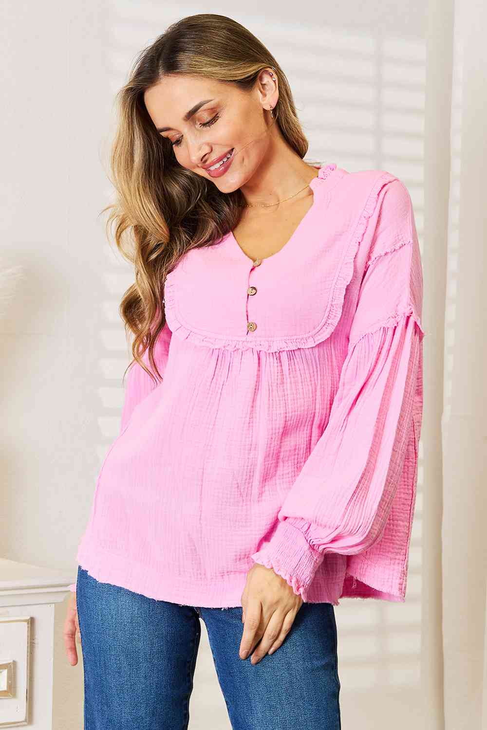 Exposed Seam Buttoned Notched Neck Blouse - Women’s Clothing & Accessories - Shirts & Tops - 5 - 2024