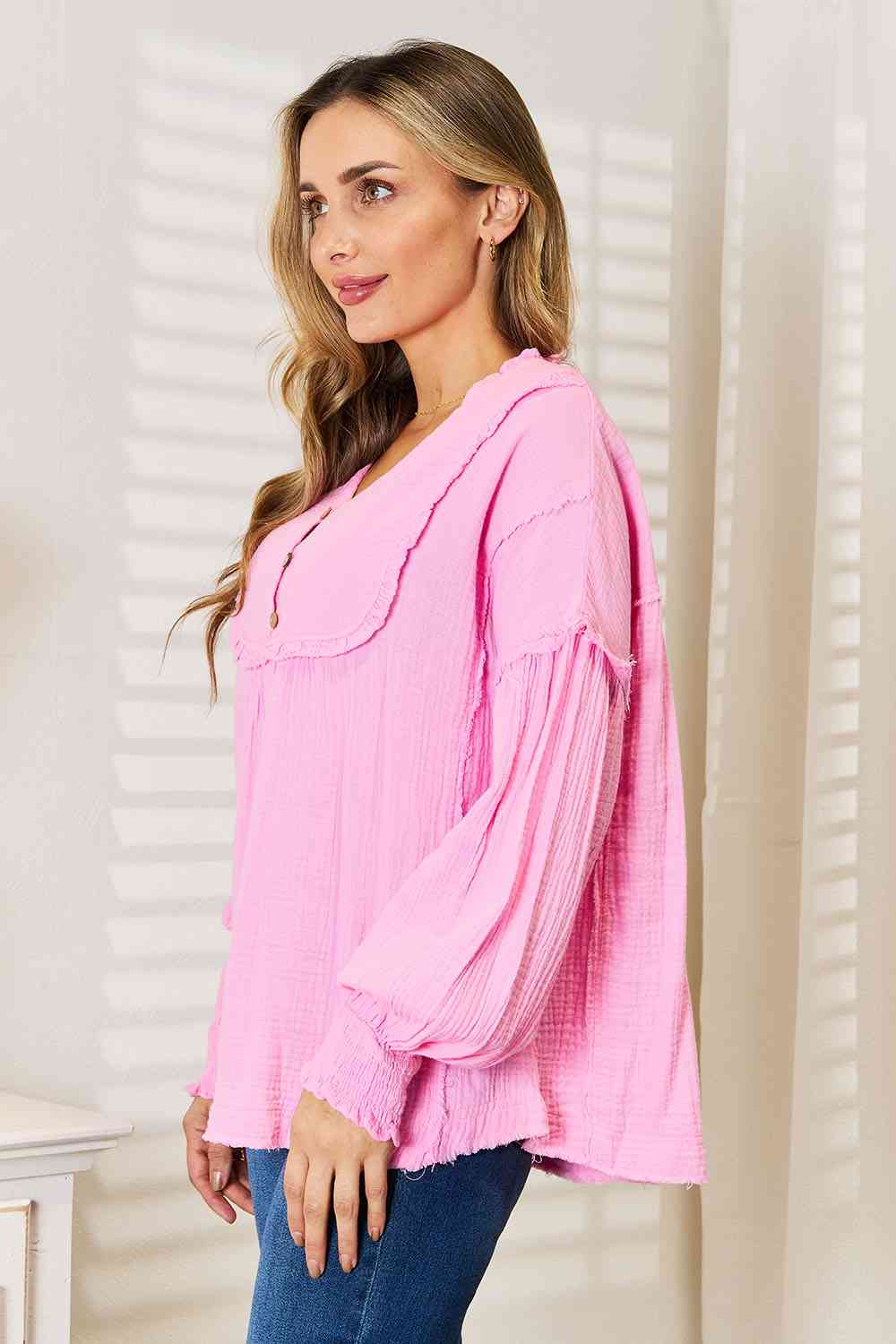 Exposed Seam Buttoned Notched Neck Blouse - Women’s Clothing & Accessories - Shirts & Tops - 6 - 2024