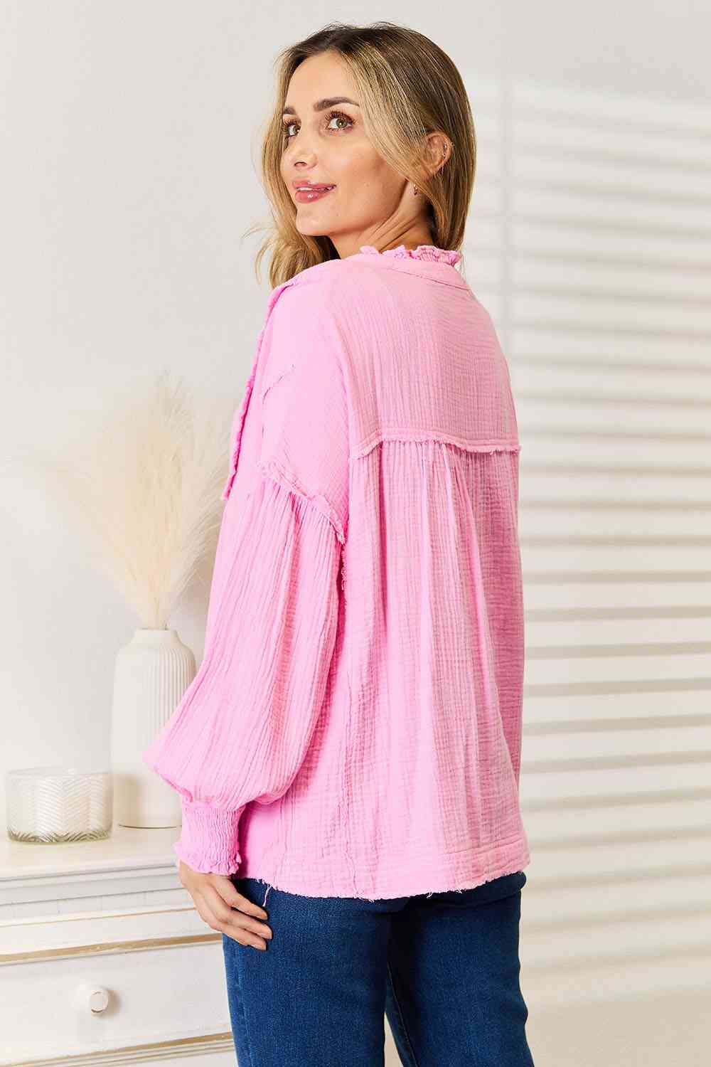 Exposed Seam Buttoned Notched Neck Blouse - Women’s Clothing & Accessories - Shirts & Tops - 7 - 2024