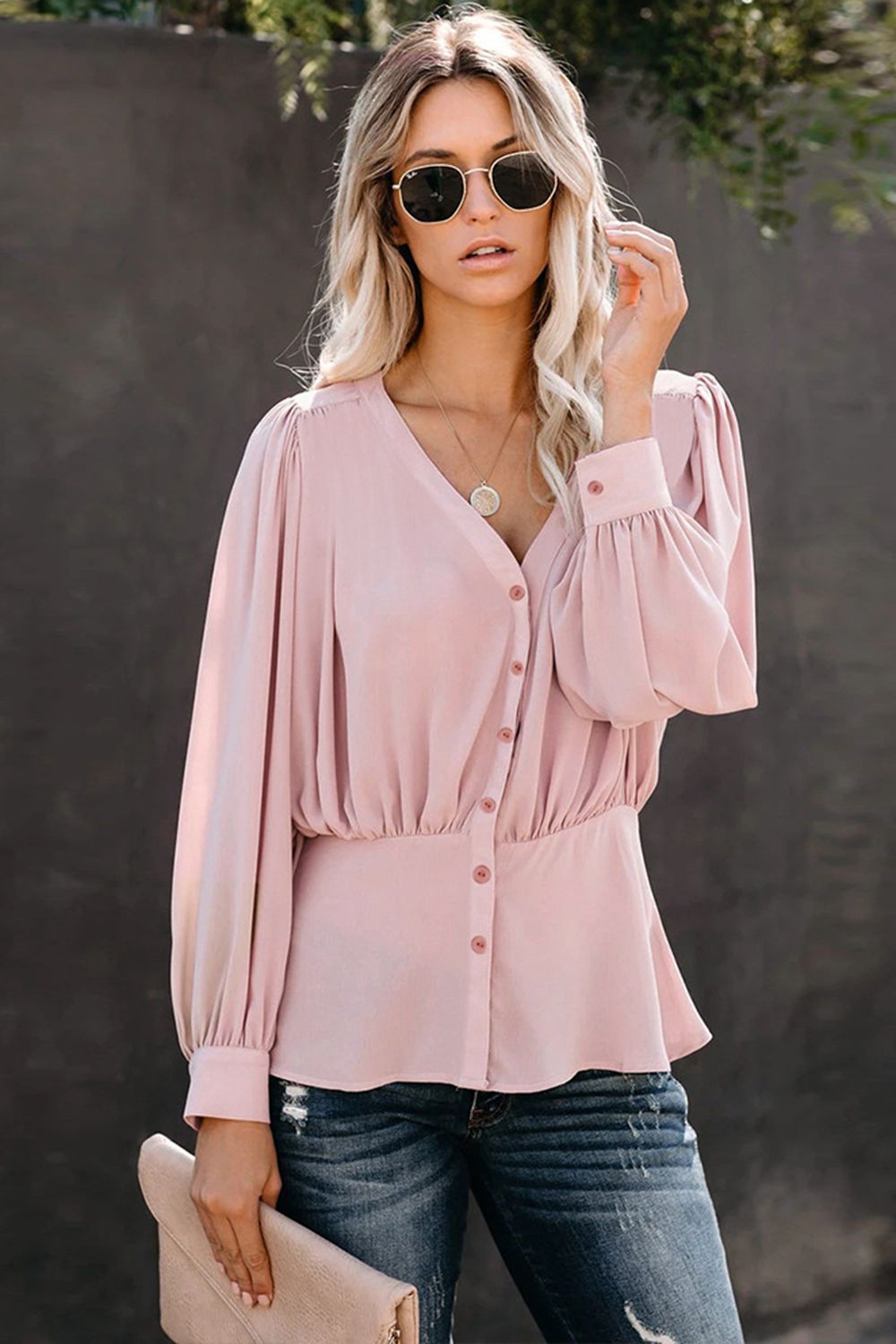 Buttoned Puff Sleeve Blouse - Pink / S - Women’s Clothing & Accessories - Shirts & Tops - 1 - 2024