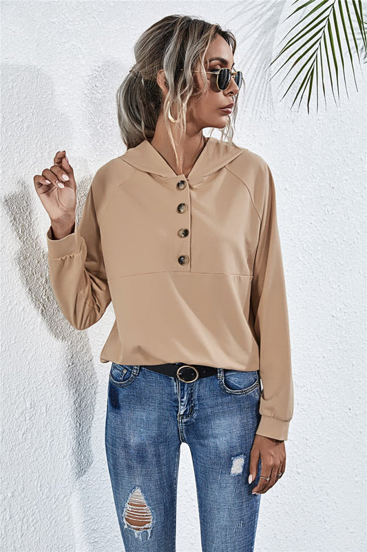 Buttoned Raglan Sleeve Hooded Blouse - Light Brown / S - Women’s Clothing & Accessories - Shirts & Tops - 1 - 2024