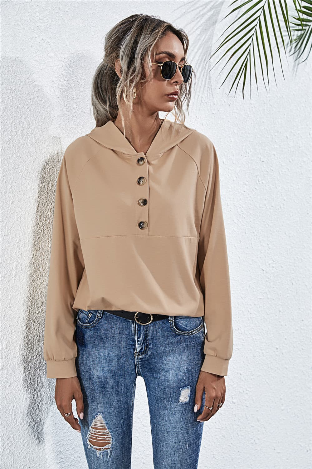 Buttoned Raglan Sleeve Hooded Blouse - Women’s Clothing & Accessories - Shirts & Tops - 3 - 2024