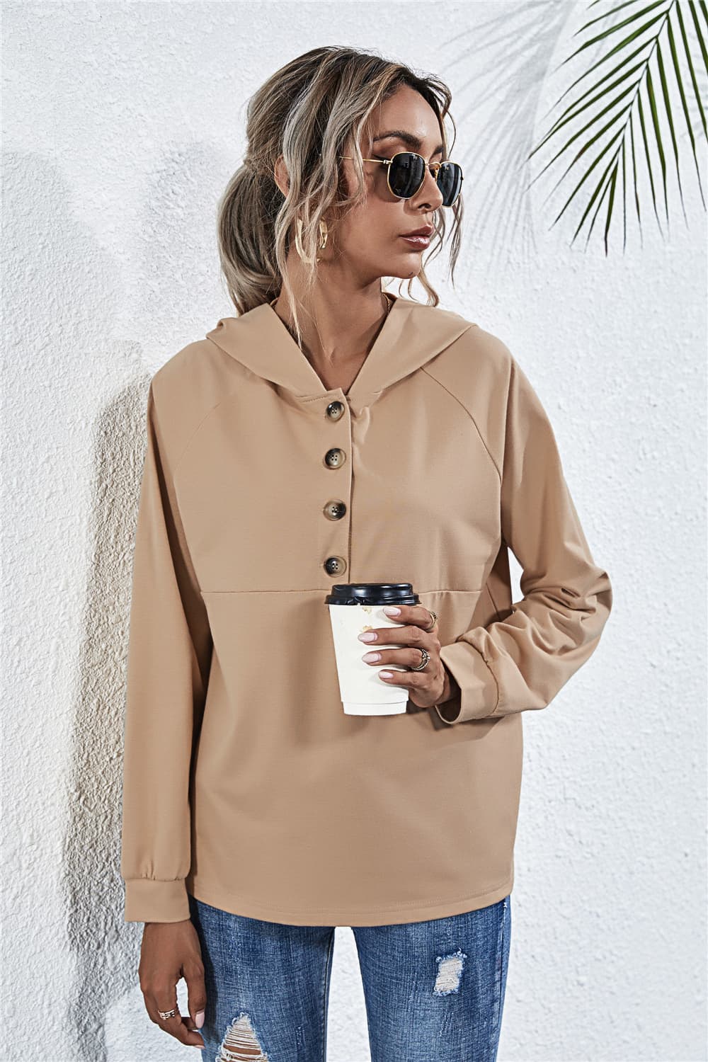 Buttoned Raglan Sleeve Hooded Blouse - Women’s Clothing & Accessories - Shirts & Tops - 4 - 2024