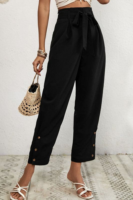 Buttoned Tie-Waist Cropped Pants - Black / S - Bottoms - Pants - 1 - 2024