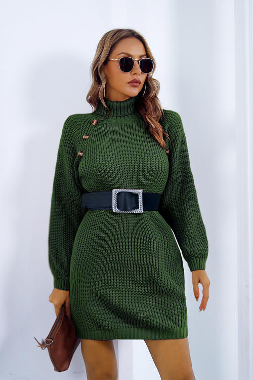 Buttoned Turtleneck Long Sleeve Sweater Dress - All Dresses - Dresses - 3 - 2024