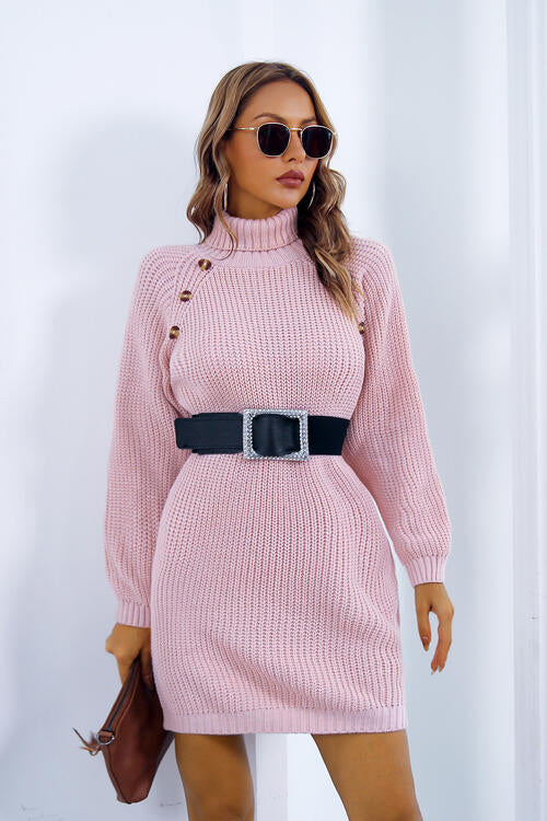 Buttoned Turtleneck Long Sleeve Sweater Dress - All Dresses - Dresses - 9 - 2024