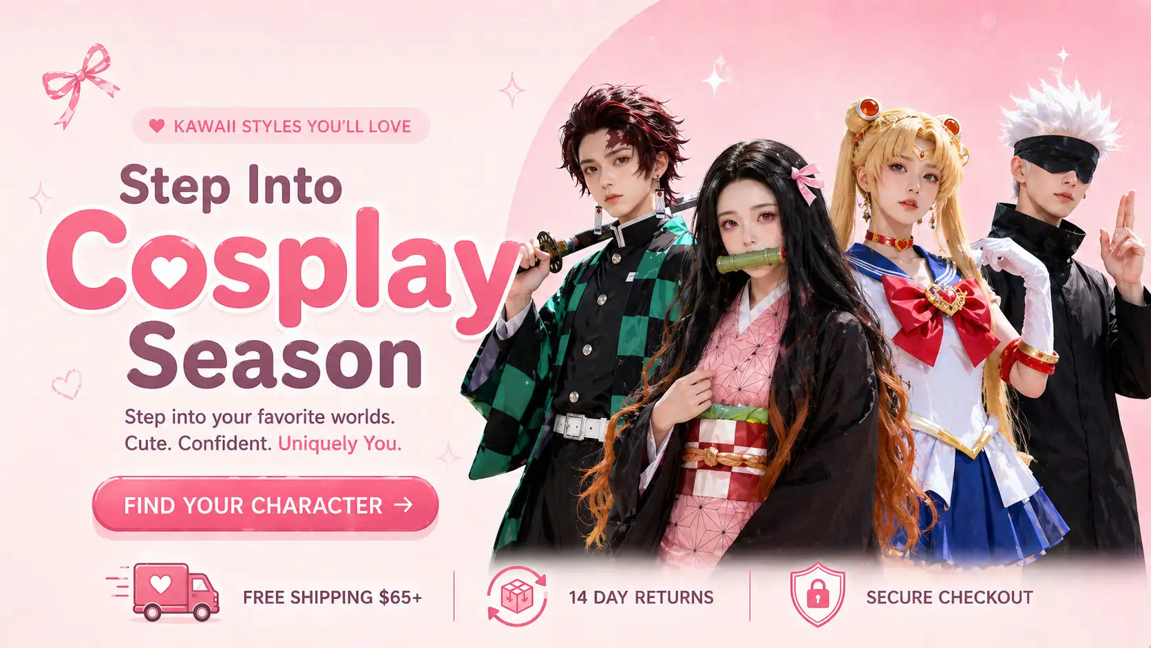 Cosplay advertisement with four characters in costumes on a pink background