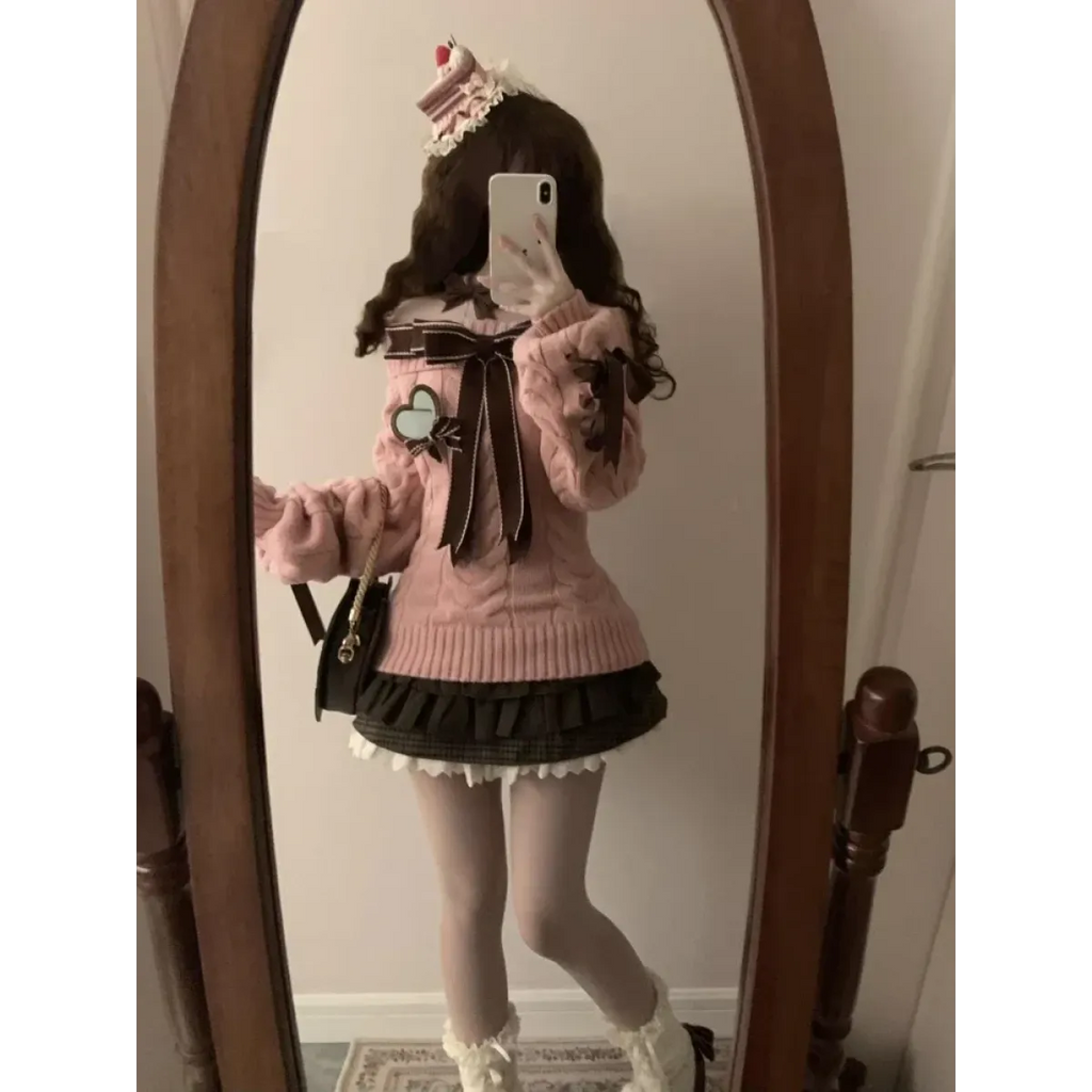 Off-Shoulder Bow Knit Sweater – Lolita E-Girl Style - Sweaters - Women’s Sweaters - 4