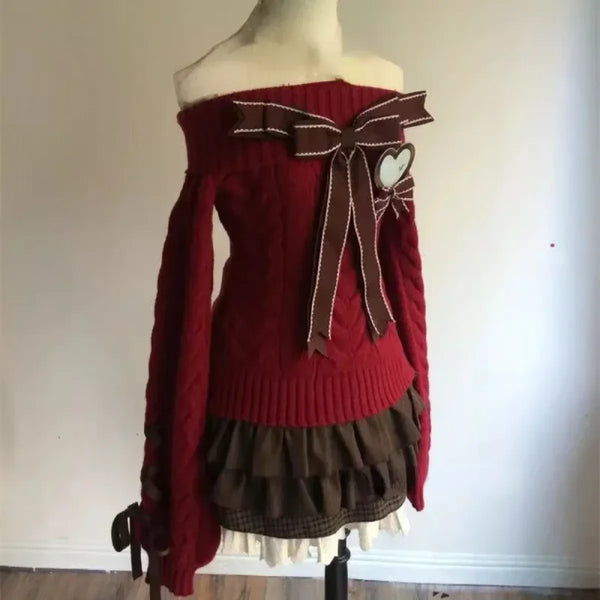 Off-Shoulder Bow Knit Sweater – Lolita E-Girl Style - Sweaters - Women’s Sweaters - 1