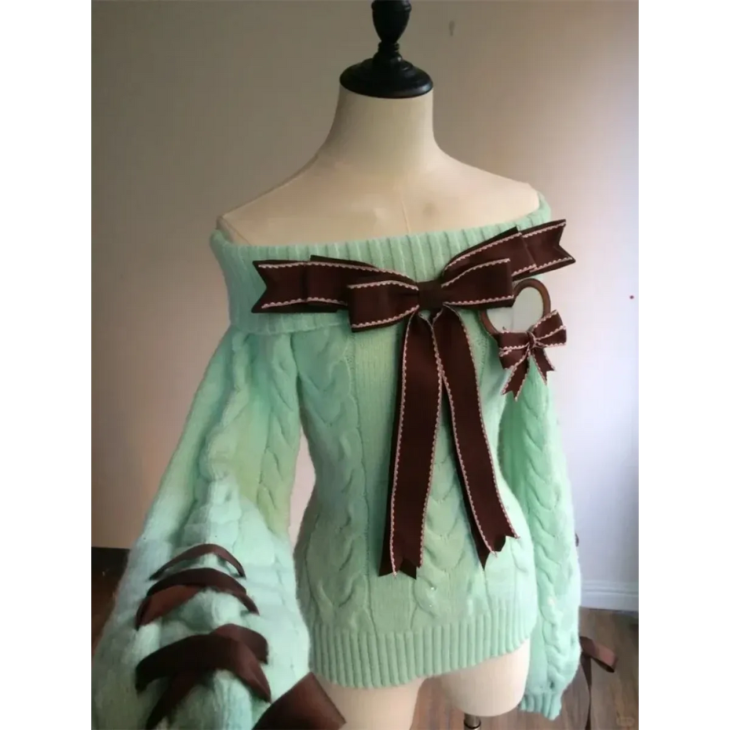 Off-Shoulder Bow Knit Sweater – Lolita E-Girl Style - Sweaters - Women’s Sweaters - 2