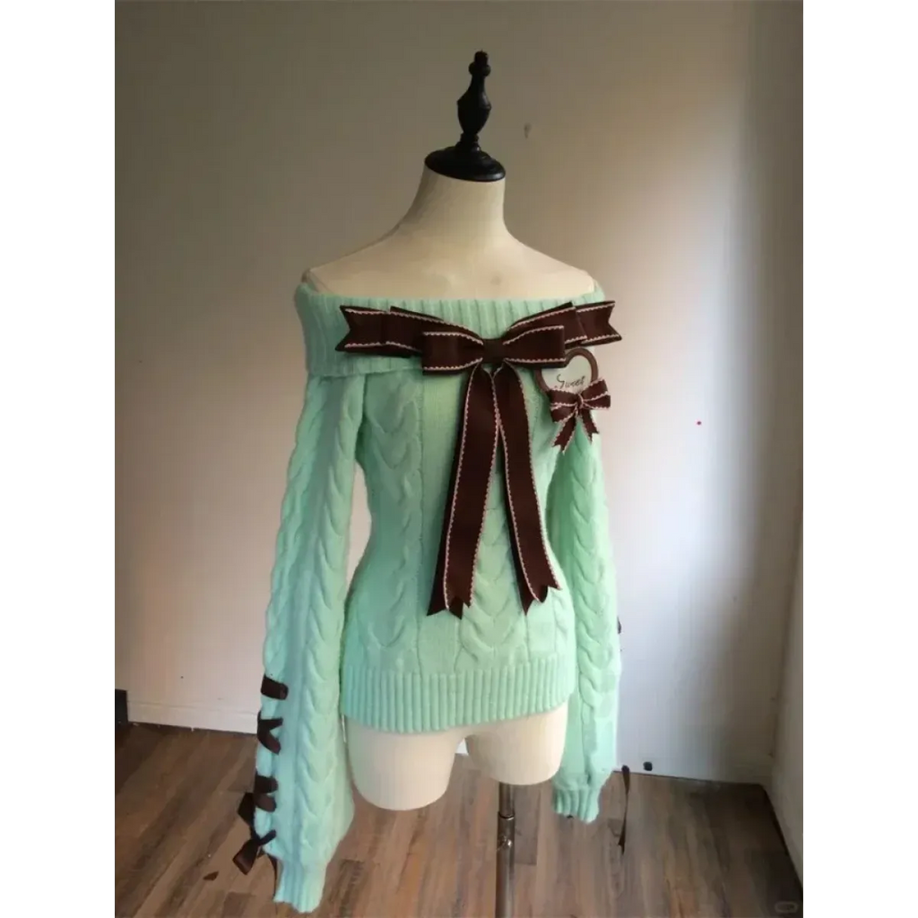 Off-Shoulder Bow Knit Sweater – Lolita E-Girl Style - Sweaters - Women’s Sweaters - 6