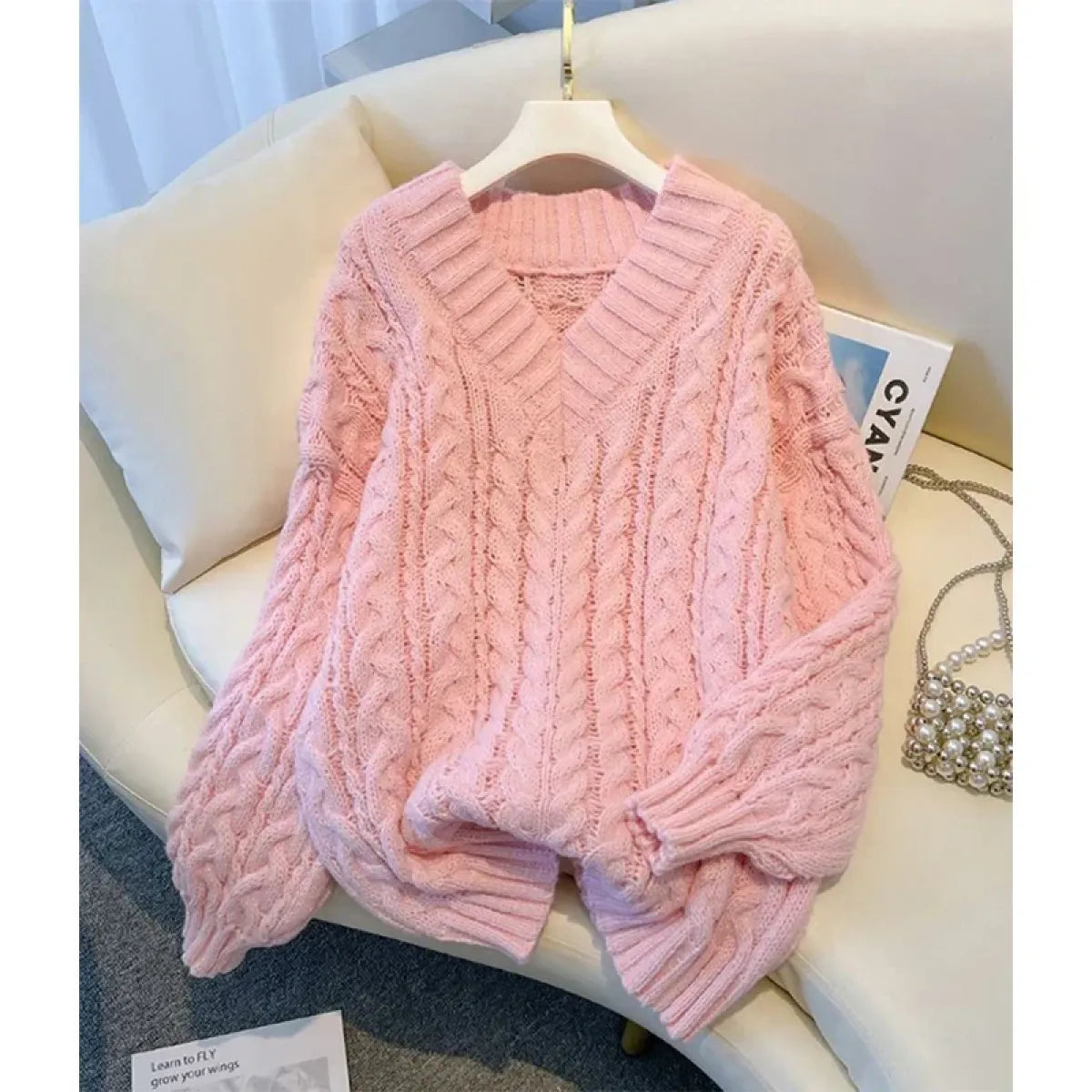 Harajuku Oversized Pink V-Neck Knit Sweater - Sweaters - Sweater / Pullover - 1