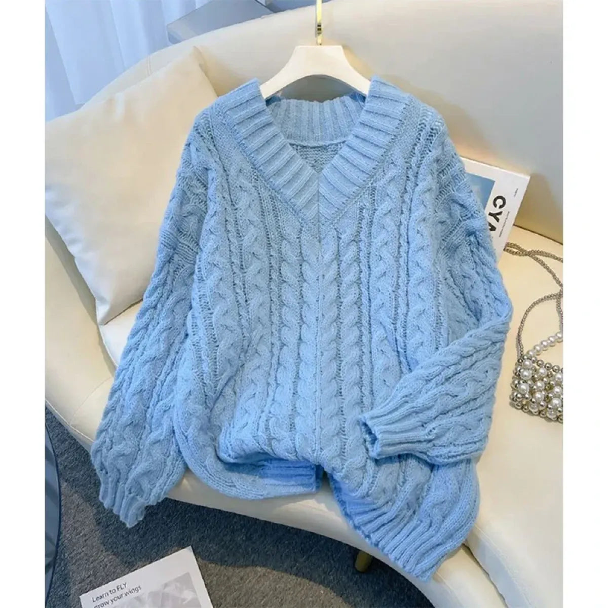 Harajuku Oversized Pink V-Neck Knit Sweater - Sweaters - Sweater / Pullover - 6