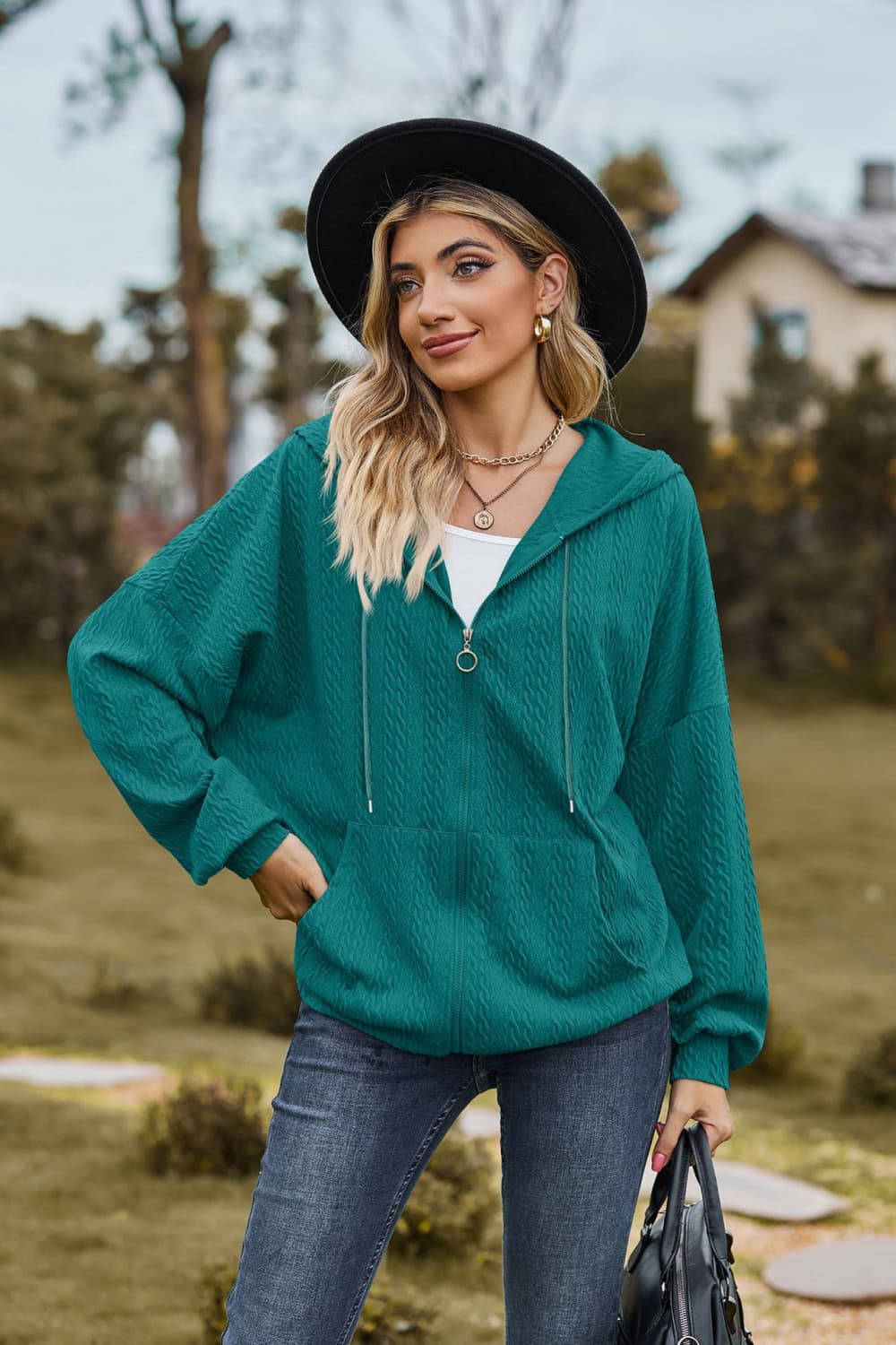 Cable-Knit Long Sleeve Hooded Jacket - Dark Green / S - Jackets & Coats - Coats & Jackets - 10 - 2024