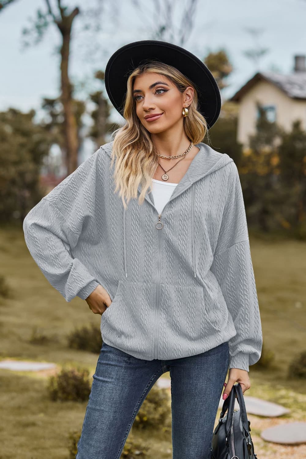 Cable-Knit Long Sleeve Hooded Jacket - Light Gray / S - Jackets & Coats - Coats & Jackets - 19 - 2024