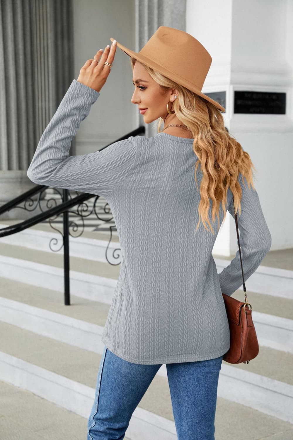 Cable-Knit Long Sleeve V-Neck T-Shirt - T-Shirts - Shirts & Tops - 2 - 2024