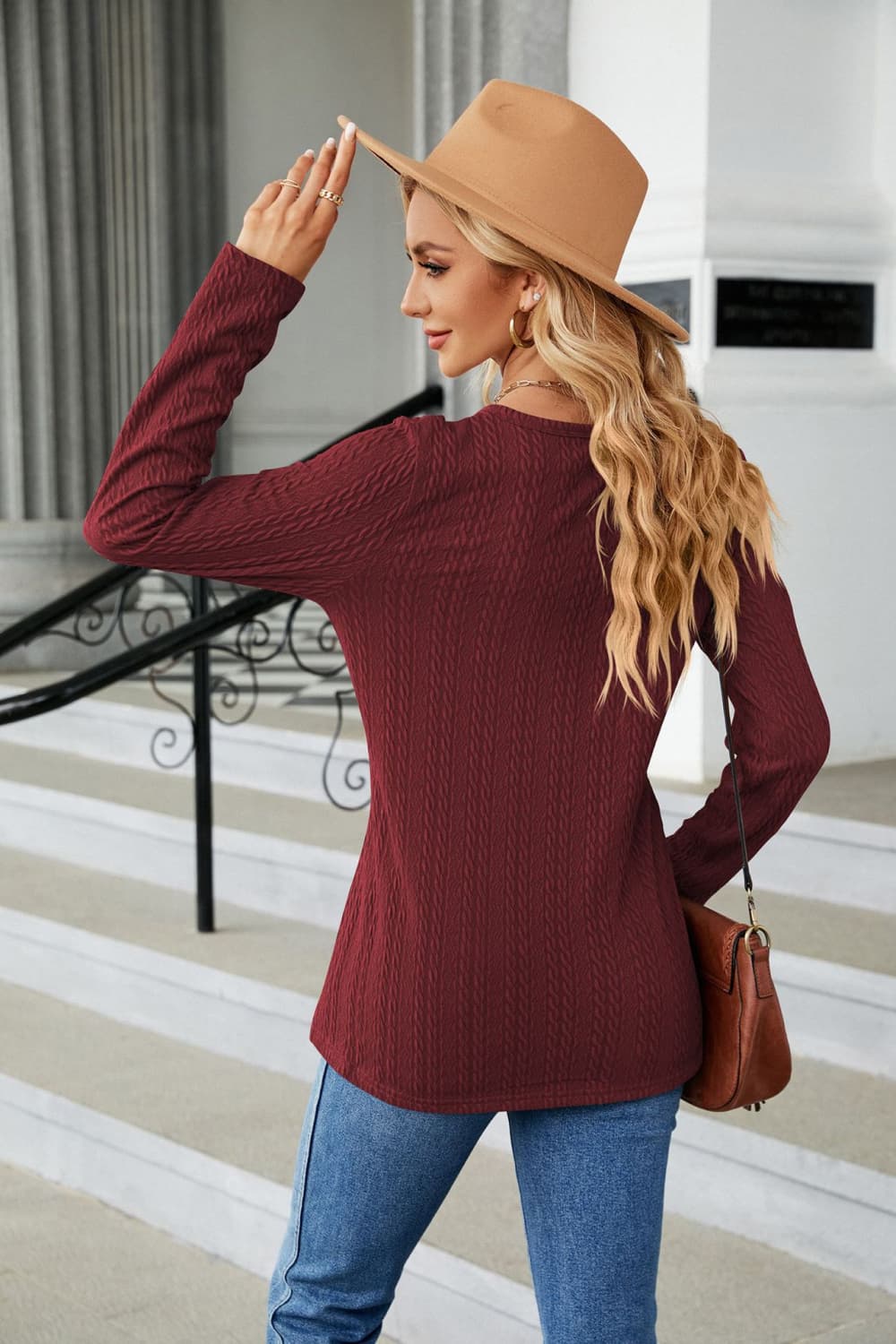 Cable-Knit Long Sleeve V-Neck T-Shirt - T-Shirts - Shirts & Tops - 24 - 2024