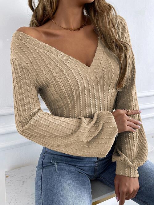 Cable-Knit V-Neck Long Sleeve Knit Top - Hoodies & Sweatshirts - Shirts & Tops - 3 - 2024