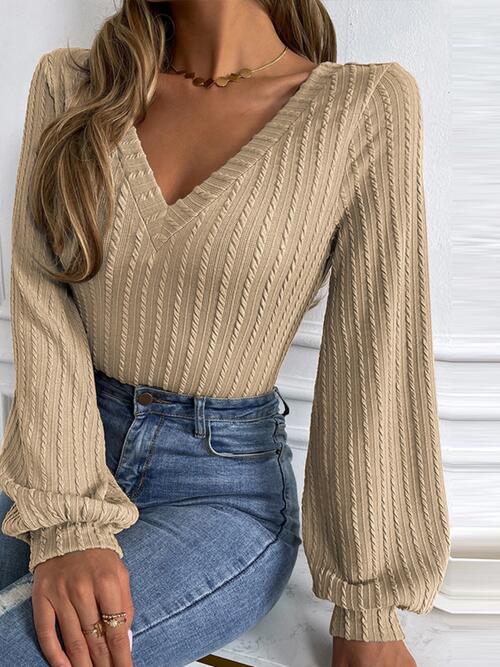 Cable-Knit V-Neck Long Sleeve Knit Top - Hoodies & Sweatshirts - Shirts & Tops - 4 - 2024