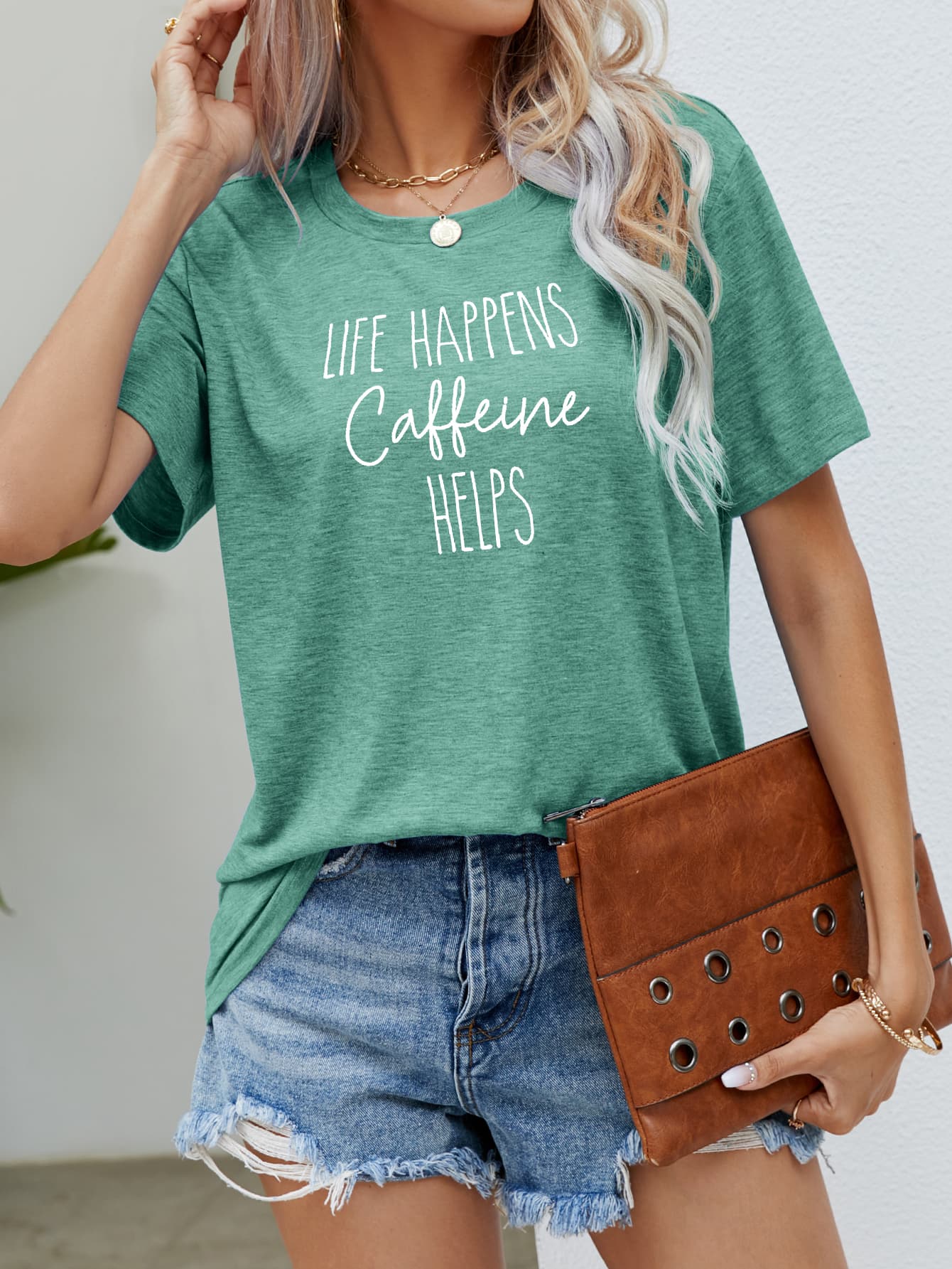 LIFE HAPPENS CAFFEINE HELPS Graphic Tee - Green / S - T-Shirts - Shirts & Tops - 10 - 2024