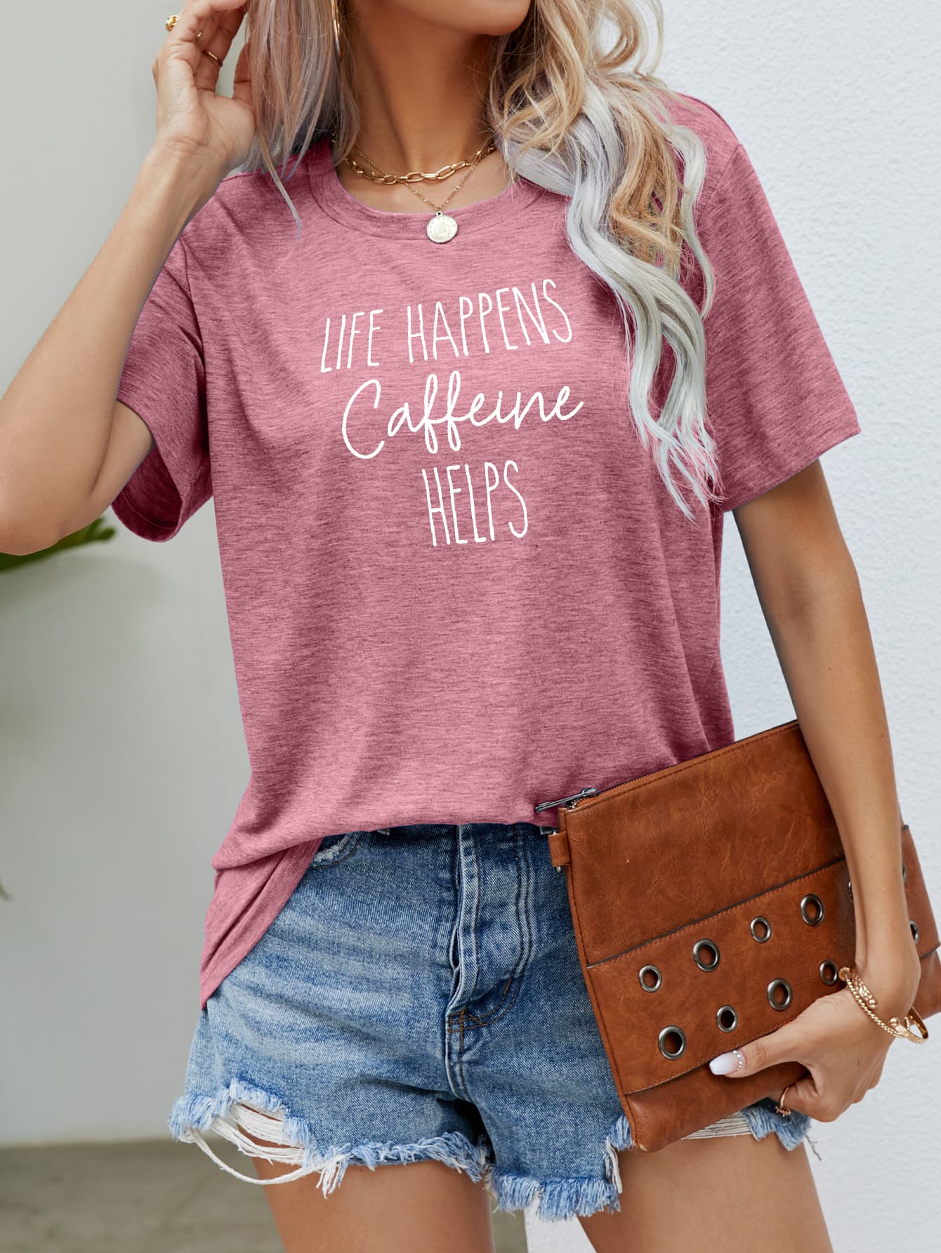 LIFE HAPPENS CAFFEINE HELPS Graphic Tee - Pink / S - T-Shirts - Shirts & Tops - 13 - 2024