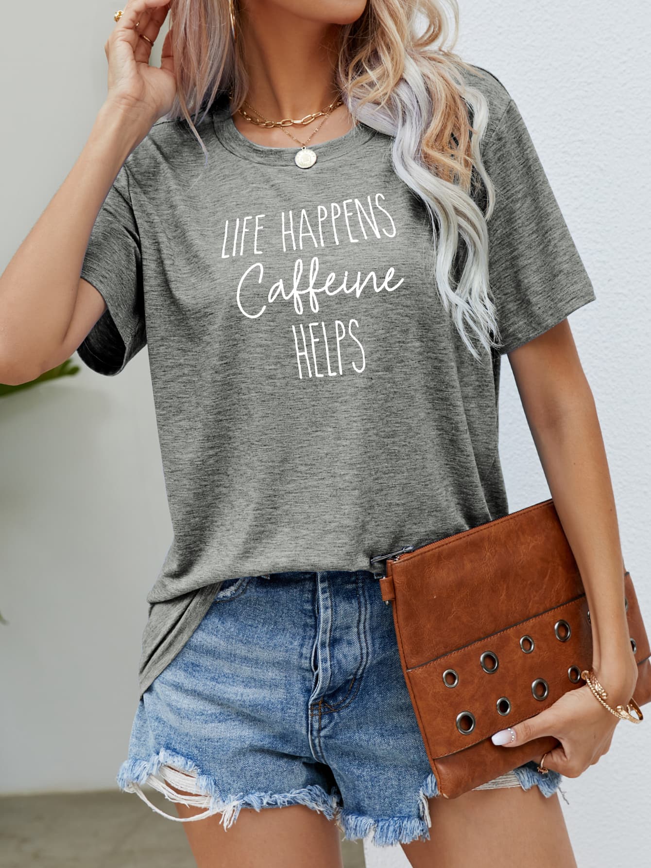 LIFE HAPPENS CAFFEINE HELPS Graphic Tee - Gray / S - T-Shirts - Shirts & Tops - 4 - 2024