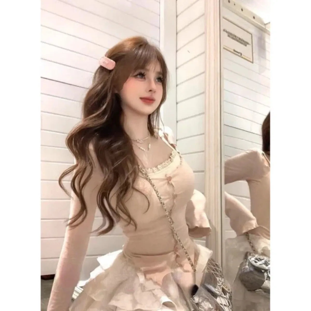 Sweet Ruffle Cardigan Camisole & Cake Skirt Set - Bottoms - Sets / Co-ords - 2