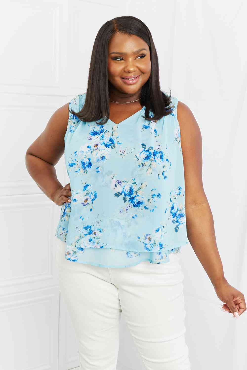 Off To Brunch Full Size Floral Tank Top - Pastel Blue / S - Camis & Tops - Shirts & Tops - 1 - 2024