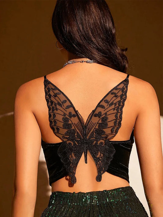 Butterfly Embroidery Mesh Velvet Cami - Camis & Tops - Shirts & Tops - 1 - 2024