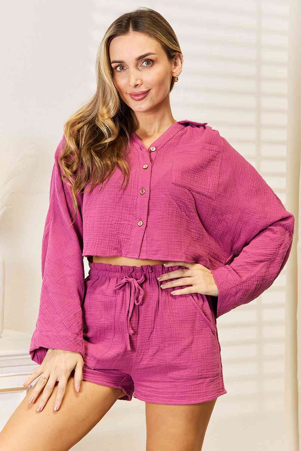 Buttoned Long Sleeve Top and Shorts Set - Pink / S - Camis & Tops - Outfit Sets - 1 - 2024