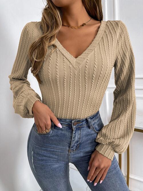 Cable-Knit V-Neck Long Sleeve Knit Top - Brown / S - Camis & Tops - Shirts & Tops - 1 - 2024