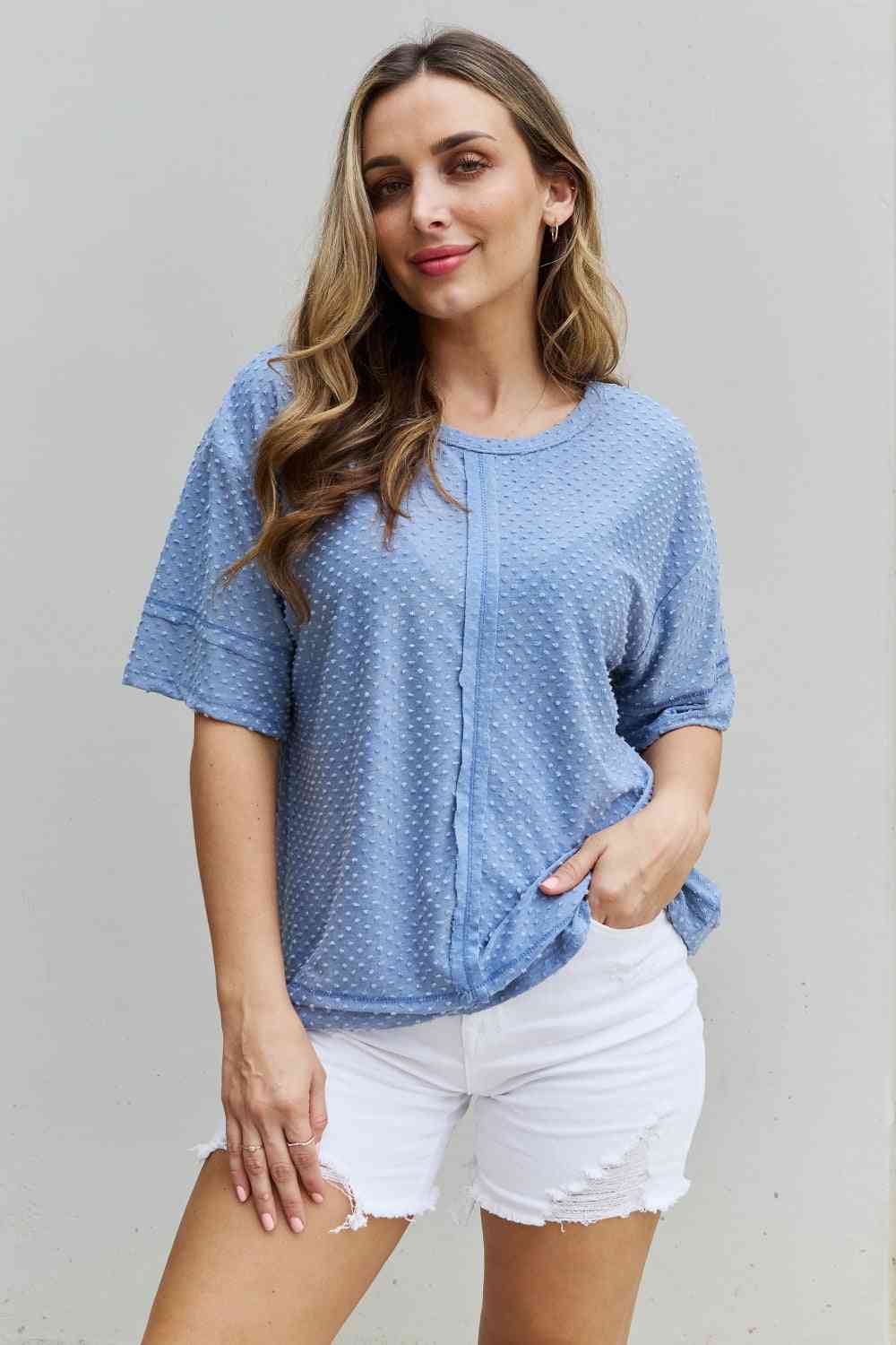 Cater 2 You Swiss Dot Reverse Stitch Short Sleeve Top - Blue / S - Camis & Tops - Shirts & Tops - 1 - 2024