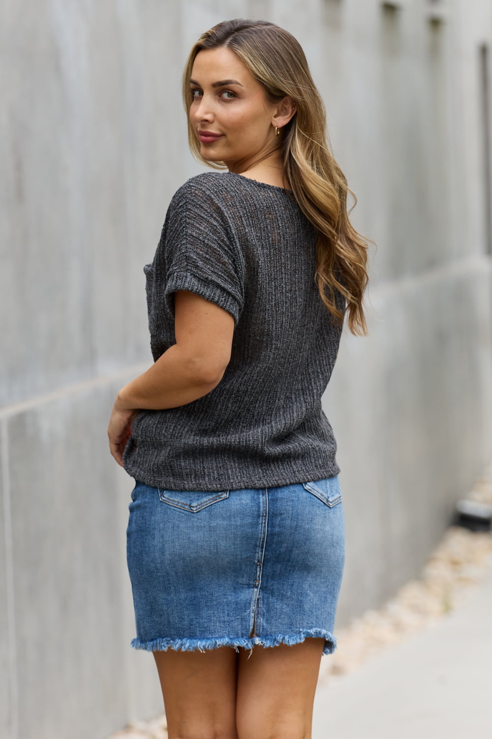 Chunky Knit Short Sleeve Top in Gray - Camis & Tops - Shirts & Tops - 2 - 2024