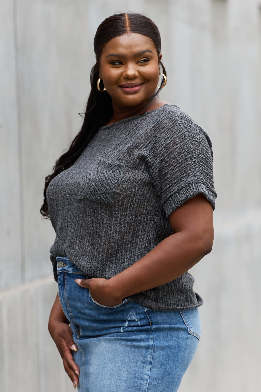 Chunky Knit Short Sleeve Top in Gray - Camis & Tops - Shirts & Tops - 10 - 2024