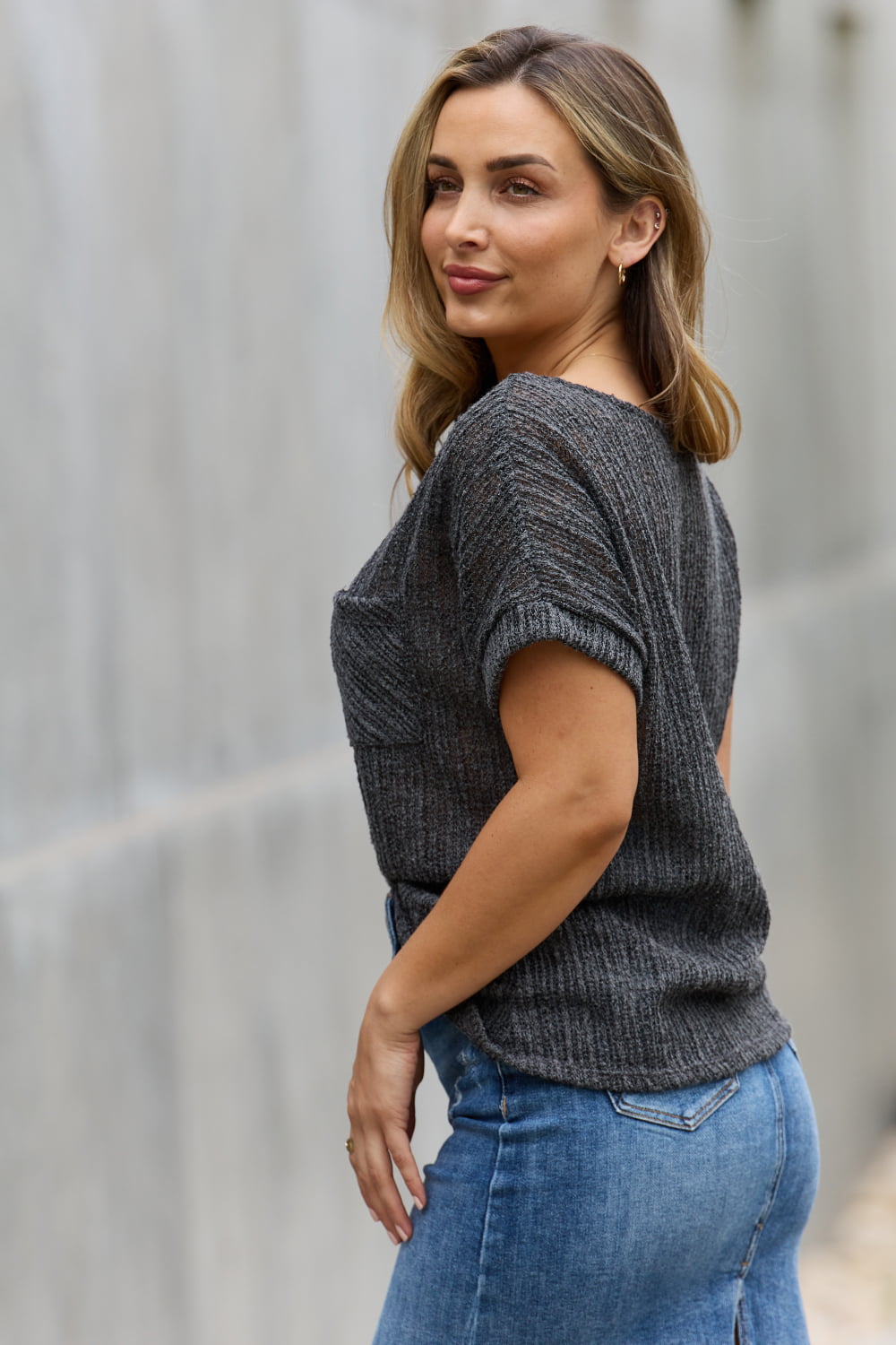 Chunky Knit Short Sleeve Top in Gray - Camis & Tops - Shirts & Tops - 5 - 2024