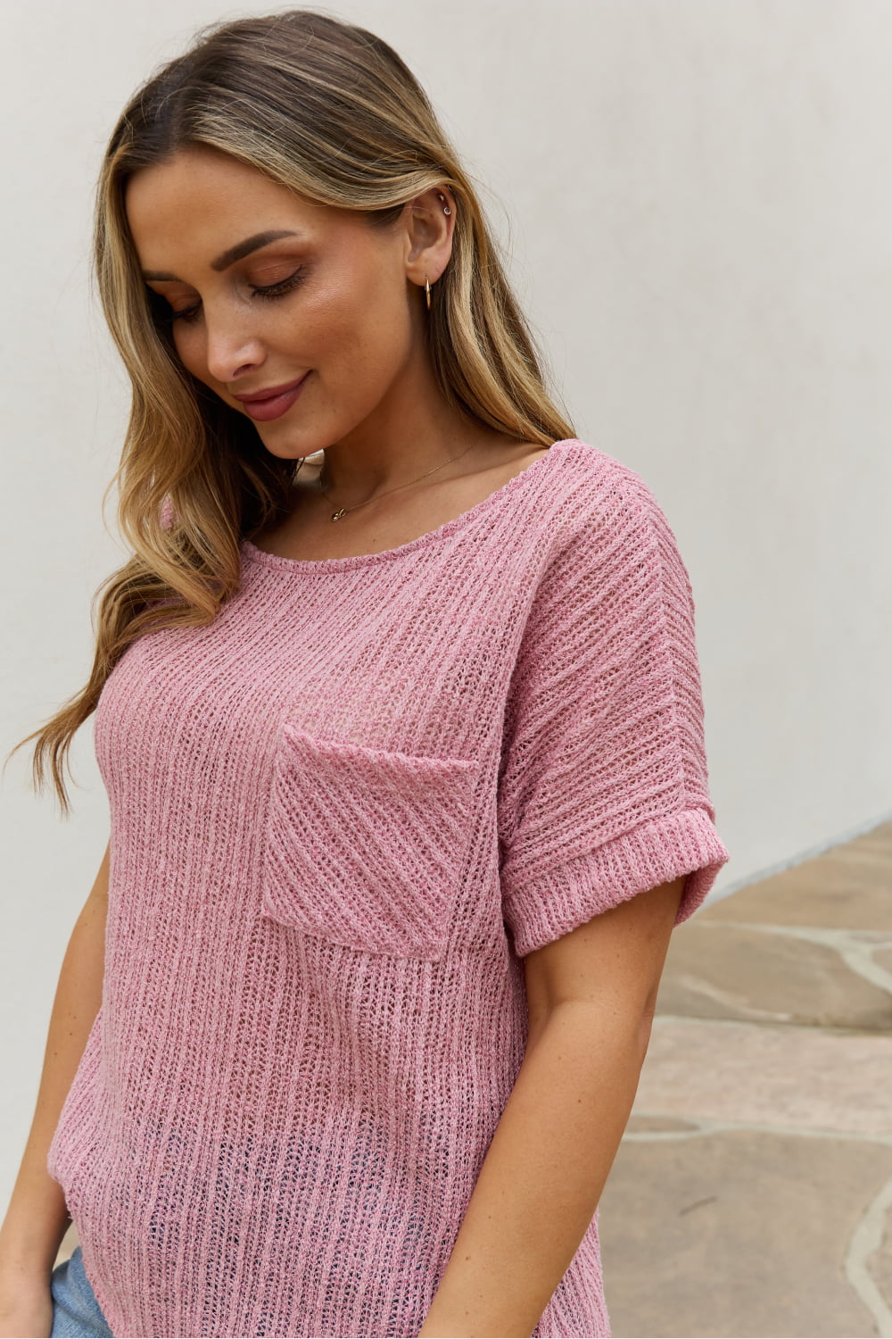 Chunky Knit Short Sleeve Top in Mauve - Camis & Tops - Shirts & Tops - 6 - 2024