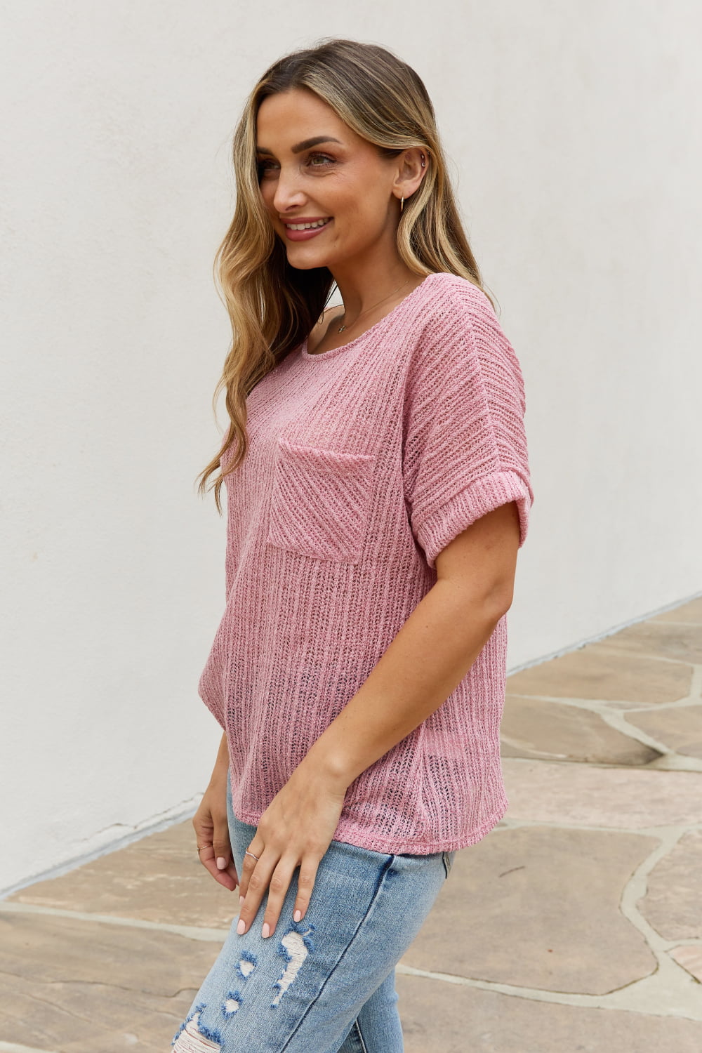 Chunky Knit Short Sleeve Top in Mauve - Camis & Tops - Shirts & Tops - 4 - 2024