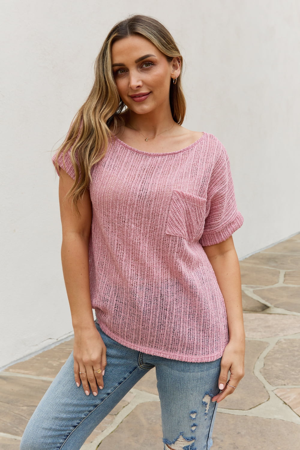 Chunky Knit Short Sleeve Top in Mauve - Pink / S - Camis & Tops - Shirts & Tops - 1 - 2024