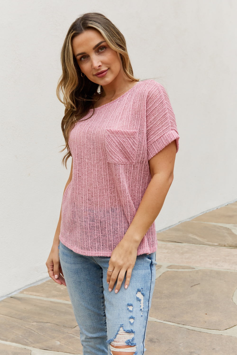 Chunky Knit Short Sleeve Top in Mauve - Camis & Tops - Shirts & Tops - 3 - 2024