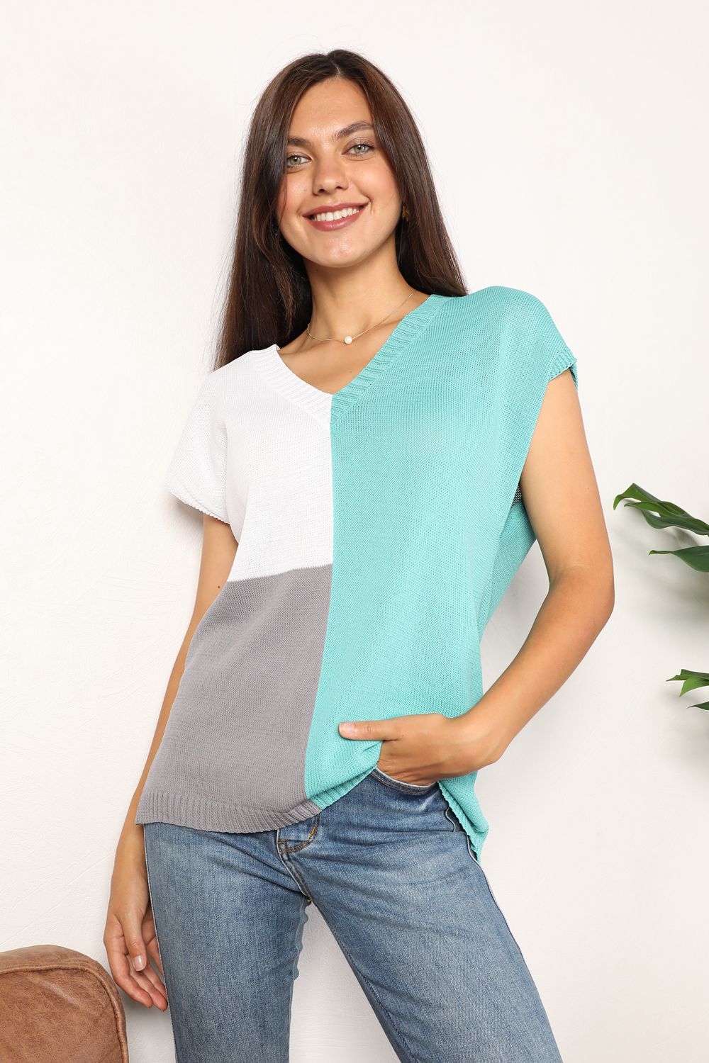Color Block V-Neck Knit Top - Camis & Tops - Shirts & Tops - 24 - 2024