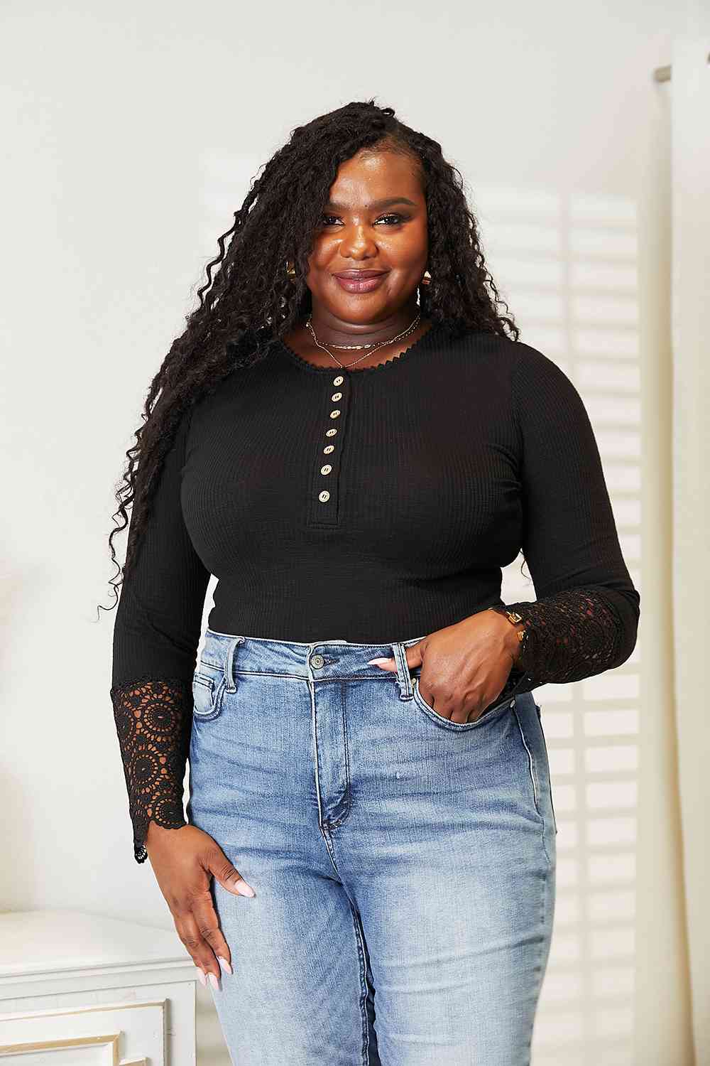 Crochet Lace Hem Sleeve Button Top - Black / S - Tops - Shirts & Tops - 1 - 2024