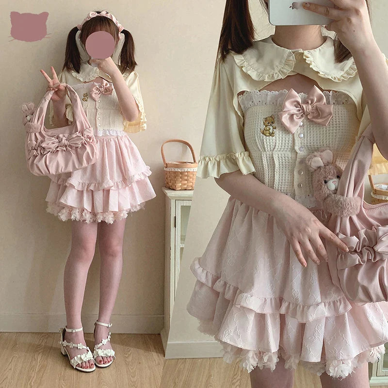 Cute Cat Lolita Tank Top – Sweet Lace Bow Kawaii Harajuku Camisole - Beige Crop Top / One Size - Camis & Tops