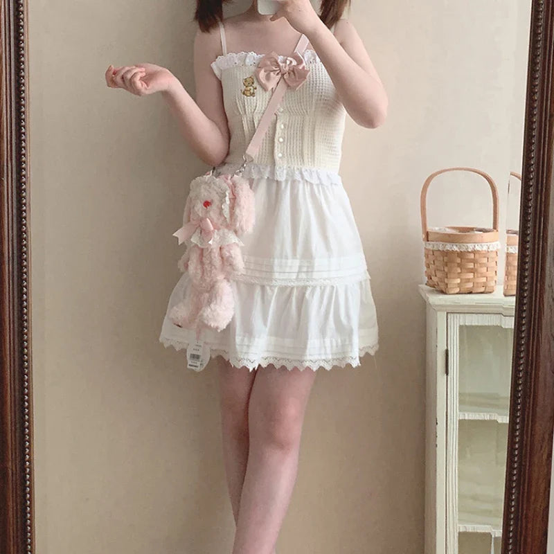 Cute Cat Lolita Tank Top – Sweet Lace Bow Kawaii Harajuku Camisole - Beige Crop Top / One Size - Camis & Tops