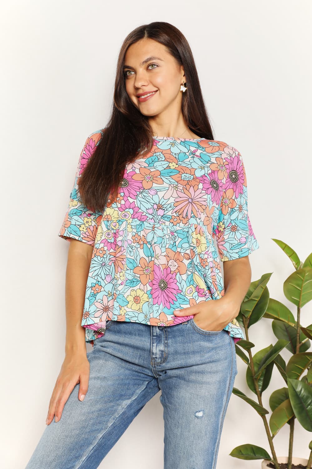 Floral Round Neck Babydoll Top - Floral / S - Camis & Tops - Shirts & Tops - 1 - 2024
