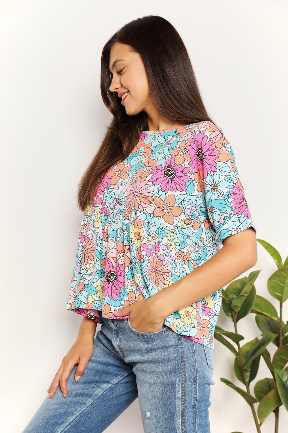 Floral Round Neck Babydoll Top - Camis & Tops - Shirts & Tops - 3 - 2024