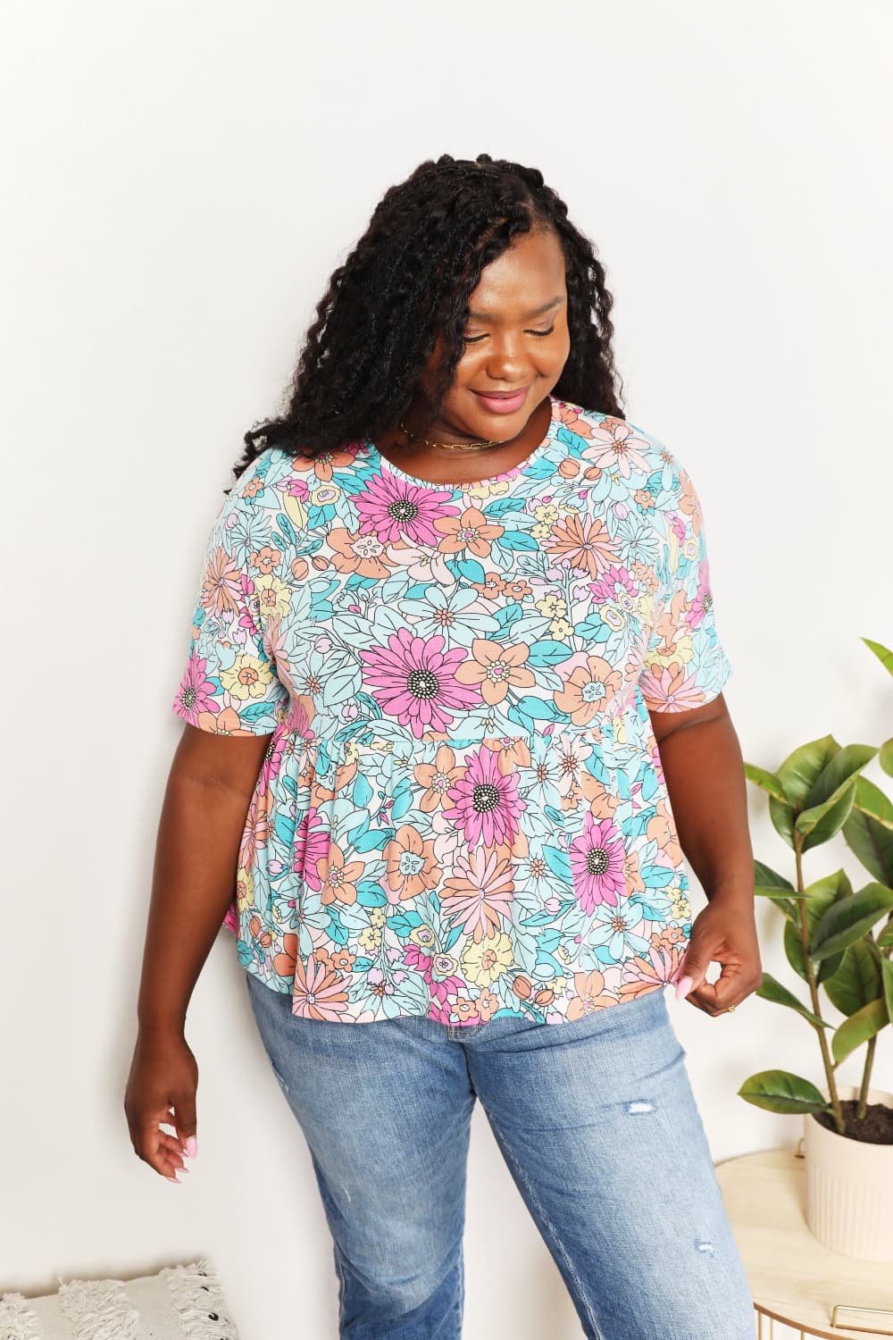 Floral Round Neck Babydoll Top - Camis & Tops - Shirts & Tops - 6 - 2024