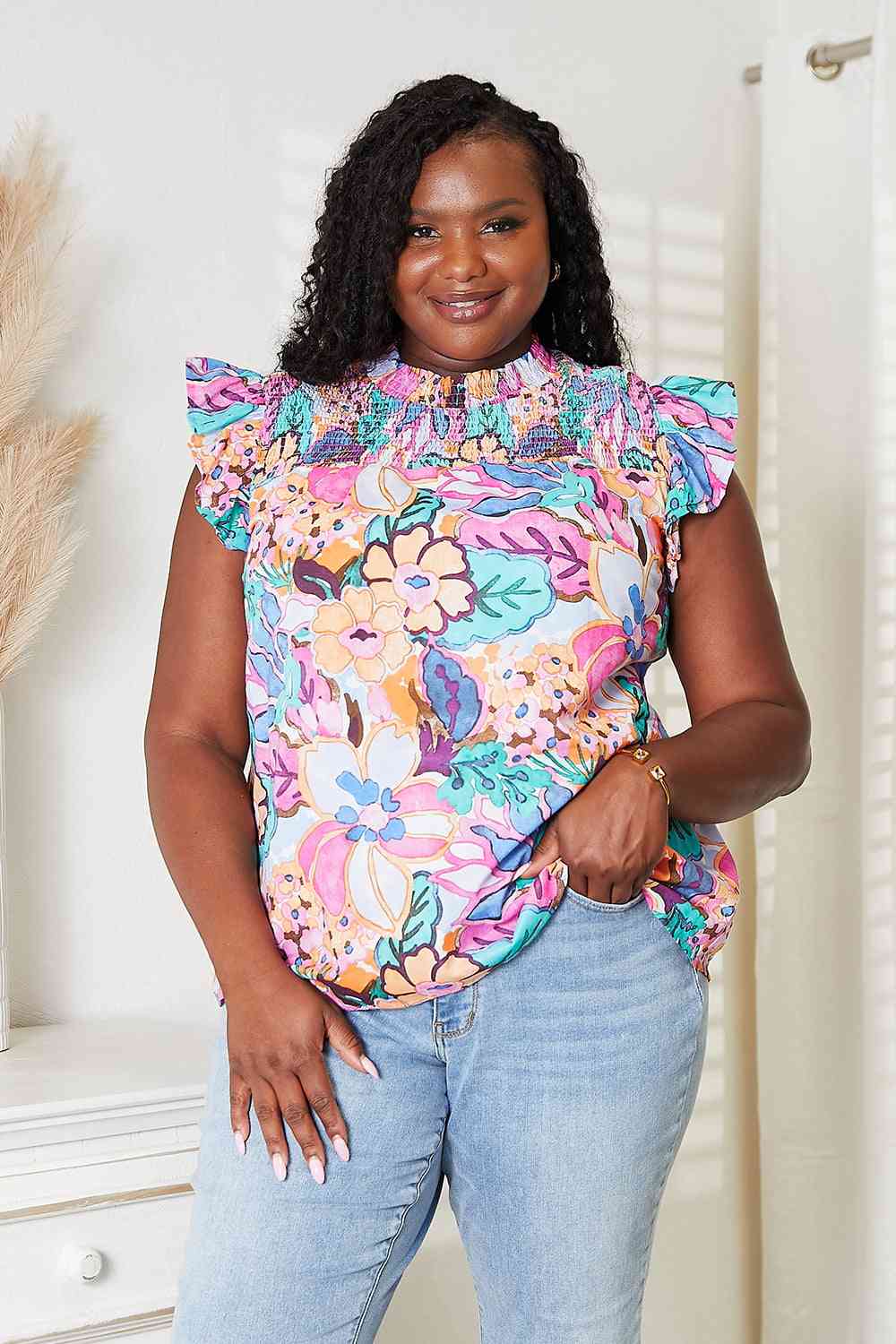 Floral Smocked Flutter Sleeve Top - Floral / S - Camis & Tops - Shirts & Tops - 1 - 2024